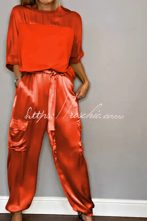Satin Half-Sleeve Top & Elastic Waist Pants Set