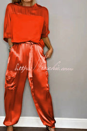 Satin Half-Sleeve Top & Elastic Waist Pants Set