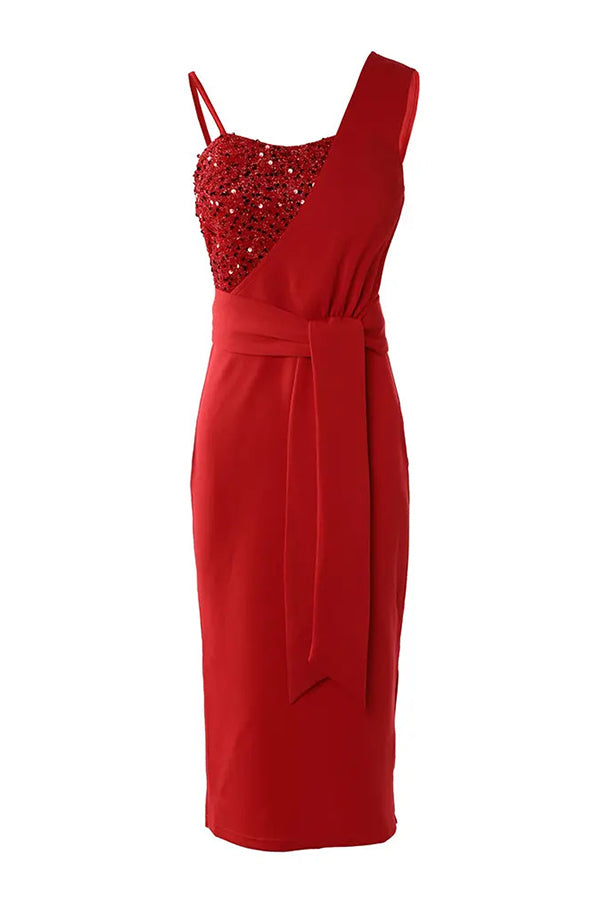 Sequin Patch Slit Party Dress – Sleeveless Midi