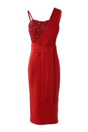 Sequin Patch Slit Party Dress – Sleeveless Midi