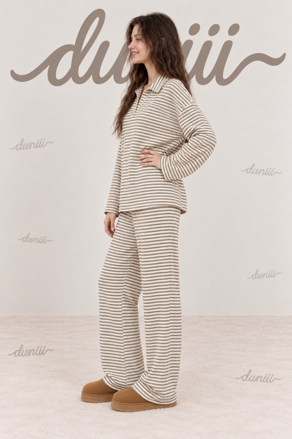 Duniii Striped V-Neck Long Sleeve Lounge Set