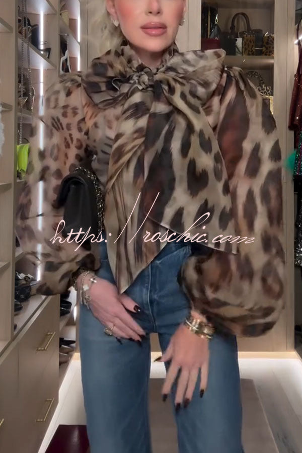 Semi-Sheer Silk Animal Print Bow Neck Balloon Sleeve Blouse