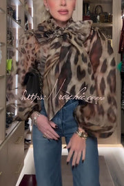 Semi-Sheer Silk Animal Print Bow Neck Balloon Sleeve Blouse