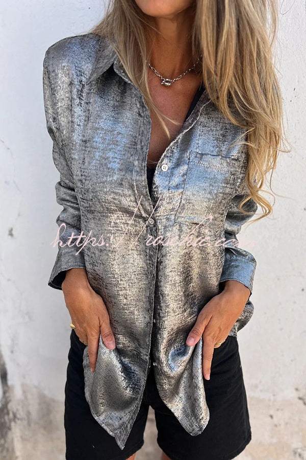 Metallic Fabric Button-Up Blouse – Long Sleeve Loose Fit