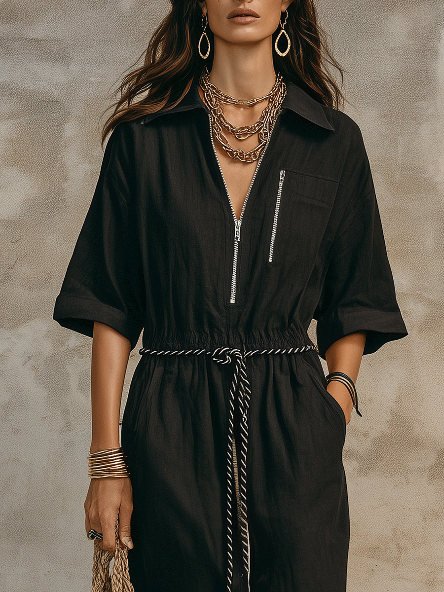 Black Short Sleeve Midi Dress with Vintage-Inspired Details