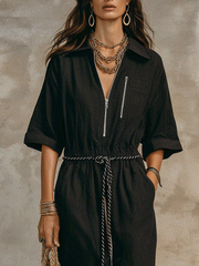 Black Short Sleeve Midi Dress with Vintage-Inspired Details