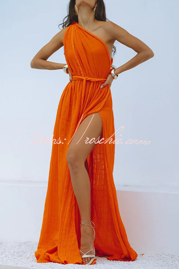 Robe longue asymétrique en lin mélangé avec fente tressée