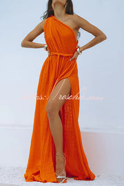Robe longue asymétrique en lin mélangé avec fente tressée