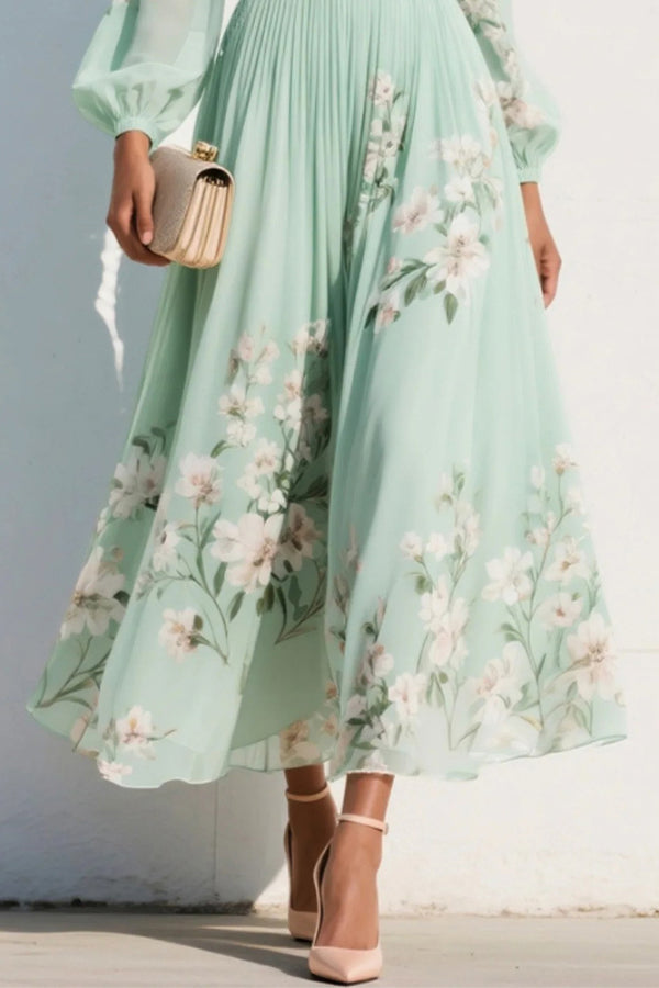 Floral Print V-Neck Maxi Dress – Fitted Waist, Long Sleeve