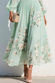 Floral Print V-Neck Maxi Dress – Fitted Waist, Long Sleeve