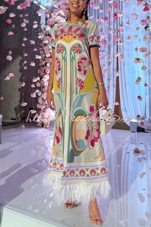 Satin Baroque Print Maxi Dress with Feather Trim