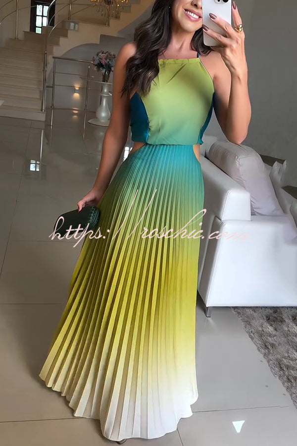 Backless Halter Pleated Gradient Maxi Dress – Vacation Wear
