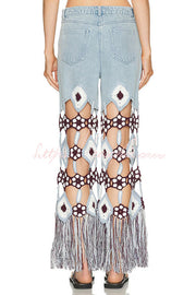 Embroidered Floral Crochet Denim Jeans with Tassel Hem