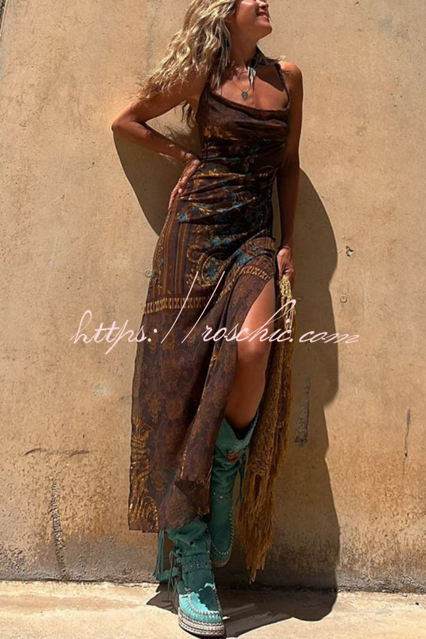 Printed Cowl Neck Lace-Back Midi Dress – Loose Fit