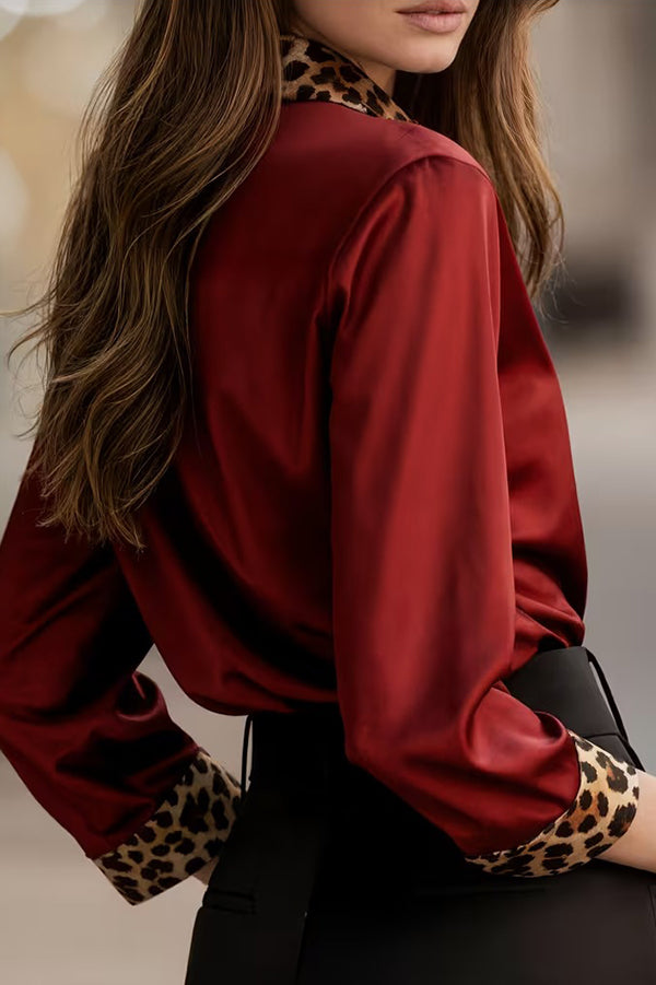 Satin Leopard Print Patchwork Long Sleeve Shirt
