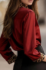 Satin Leopard Print Patchwork Long Sleeve Shirt