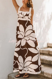 Color-Block Floral Print Square Neck Sleeveless Maxi Dress