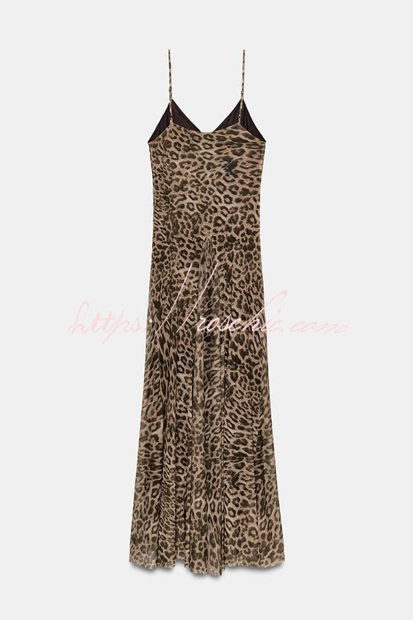 Tulle Leopard Print V-Neck Pleated Maxi Dress