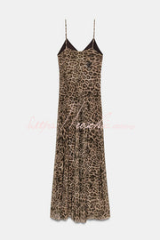 Tulle Leopard Print V-Neck Pleated Maxi Dress