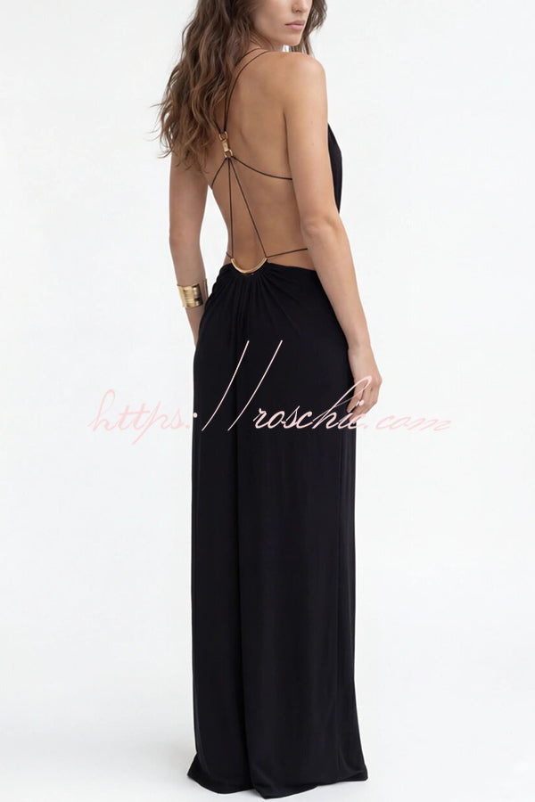 Metal-Link Cutout Back Lace-Up Drape Maxi Dress