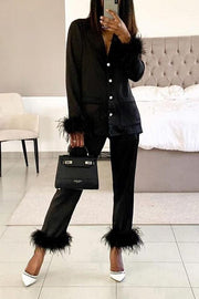 Feather Trim Lapel Two-Piece Pant Suit | Solid Color