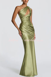 Satin One-Shoulder Maxi Dress with Corset Back Lace-Up