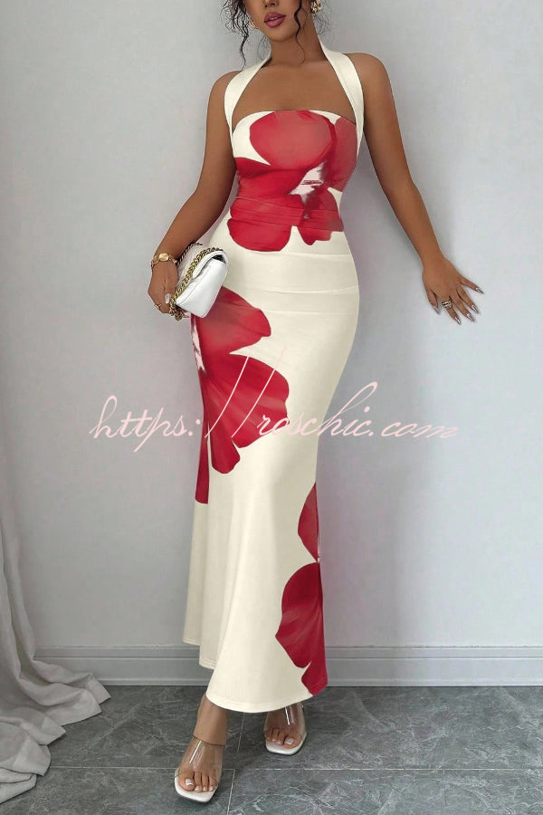 Floral Print Halter Neck Backless Maxi Dress