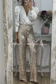 Sequin Wide Leg Pants High Rise Elastic Waist Party