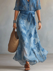 Floral Sheer Wrap Maxi Dress and Shirt Set with Tie Waist