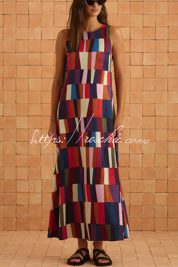 Linen Blend Color Block Sleeveless Maxi Dress