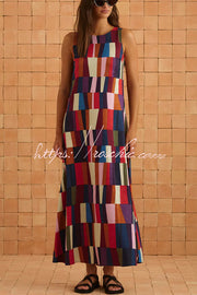 Linen Blend Color Block Sleeveless Maxi Dress