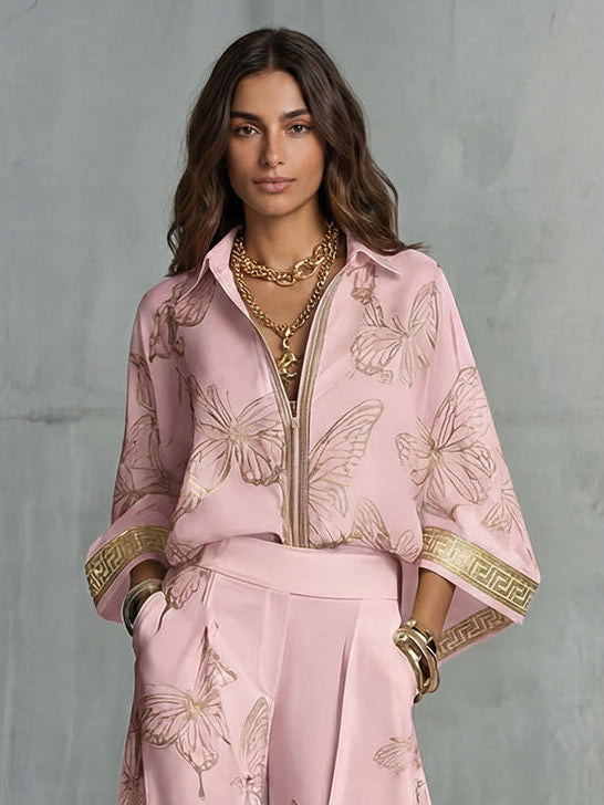 Set bluză jacquard și pantaloni cu picioare largi | Boho Luxe