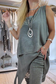 Sleeveless Loose Casual Top – Fake Two-Piece Irregular Hem