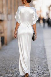 Solid Color Draped Maxi Dress – Round Neck, Short Sleeve