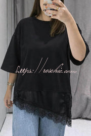 Lace Hem Loose Fit Round Neck Short Sleeve T-Shirt
