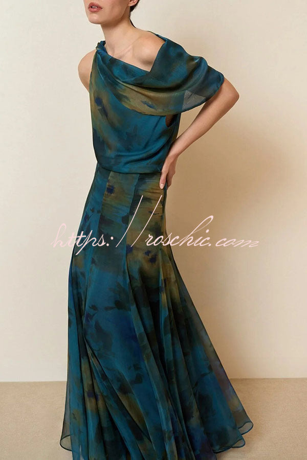 Chiffon Ombré Print Cowl Neck Top & High-Rise Maxi Skirt Set
