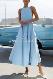 Halter Neck Bow Tie Midi Dress – Waist-Cinching Style