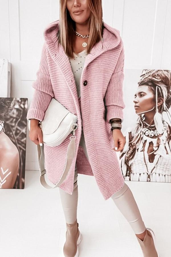 Hooded Cardigan with Coffee Button-Down Detail