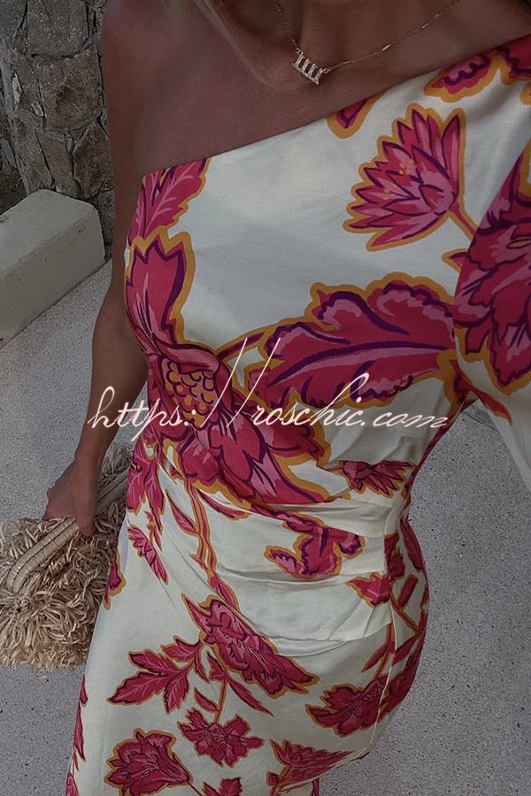 Satin Floral One Shoulder Flared Maxi Dress