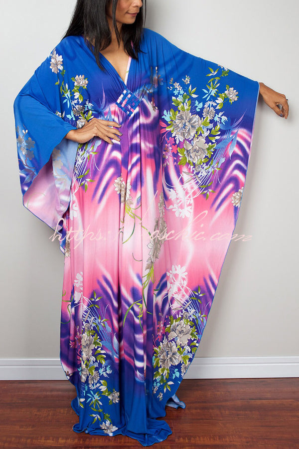 Printed Batwing Sleeve Loose Maxi Dress for Vacation