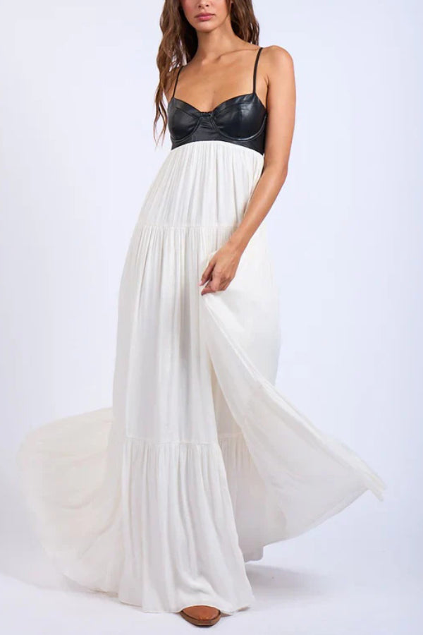 Leather Patchwork Sleeveless Maxi Dress – Vacation Style