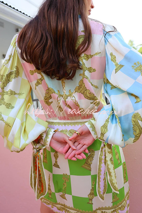 Satin Printed Tie-Up Wrap Mini Dress with Balloon Sleeves