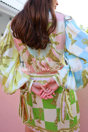 Satin Printed Tie-Up Wrap Mini Dress with Balloon Sleeves