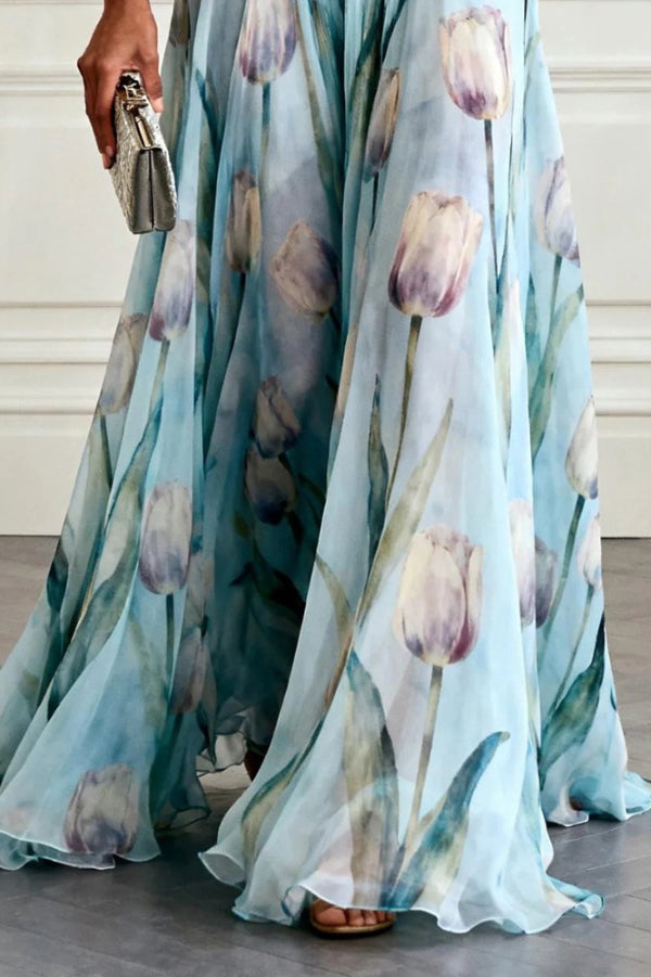 Tulip Print Sleeveless V-Neck Maxi Dress – Waist-Defining