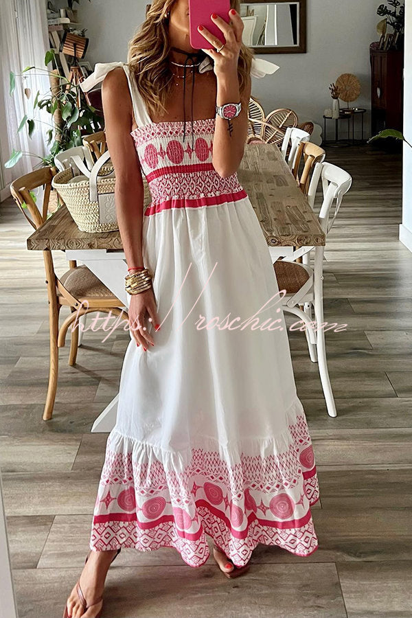 Ethnic Printed Smocked Maxi Dress with Shoulder Ties