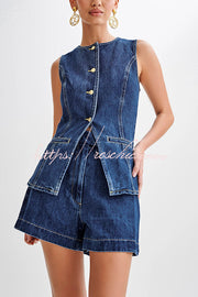 Denim Sleeveless Button-Up Vest Top with Princess Seams