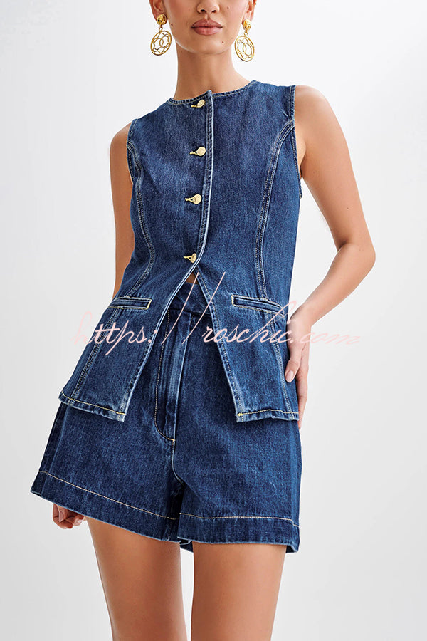 Denim Sleeveless Button-Up Vest Top with Princess Seams