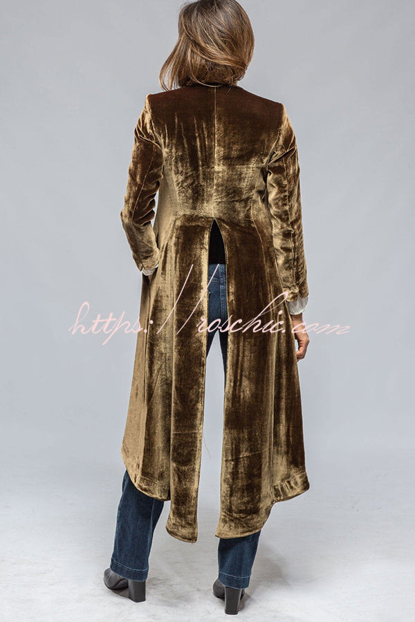 Women's Velvet Long Coat with Pockets and Slit Hem