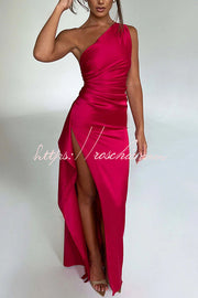 Satin One Shoulder Maxi Dress with Thigh-High Slit