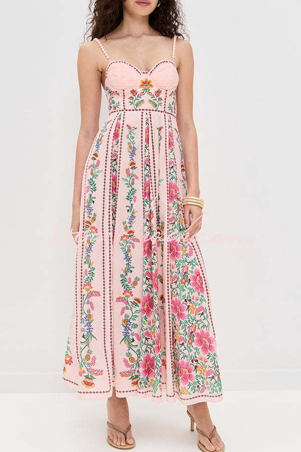 Linen Blend Maxi Dress with Sweetheart Neck & Beaded Straps